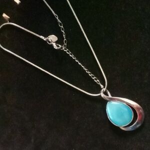 Lia Sophia Blackened Silver Necklace with A Sea Blue Tear Drop Pendant